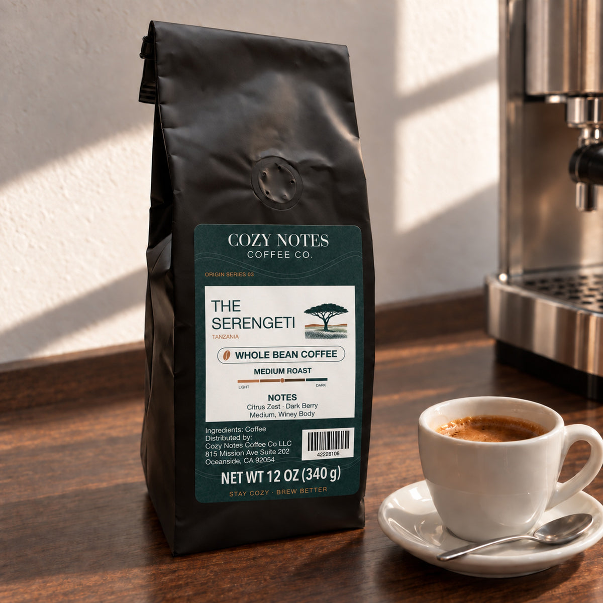 The Serengeti Tanzania medium roast whole bean coffee, 12 oz — lifestyle photograph.