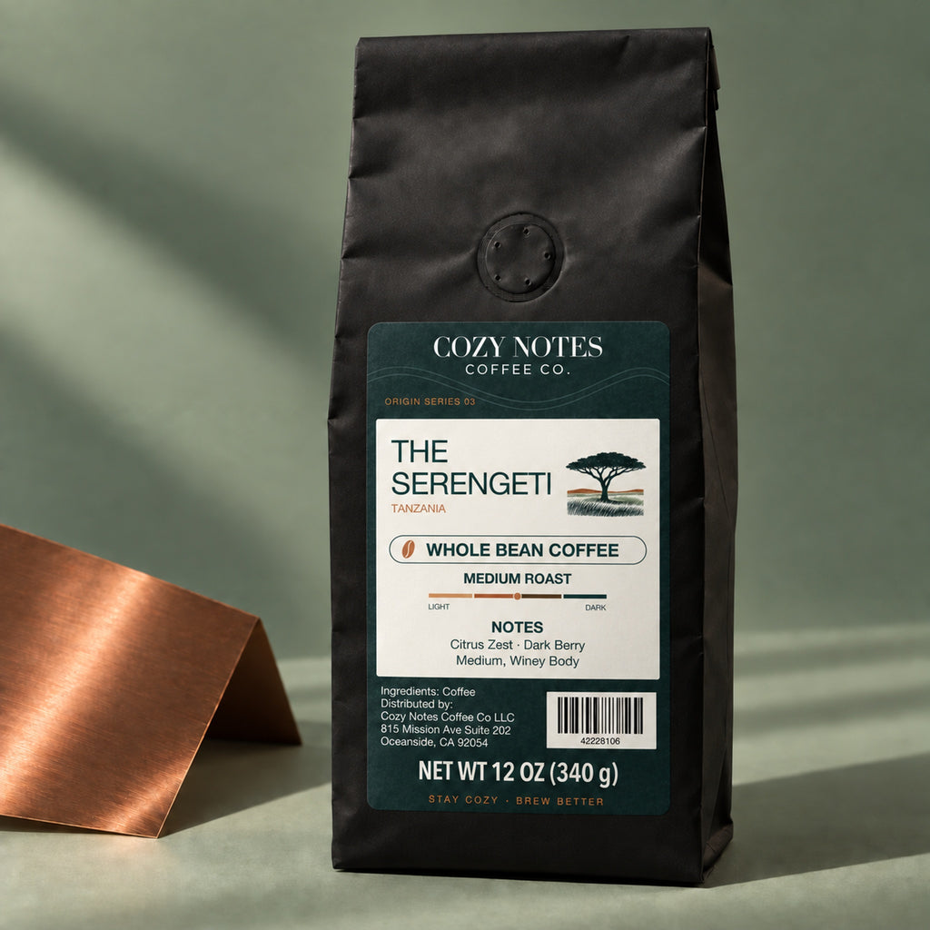 The Serengeti Tanzania medium roast whole bean coffee, 12 oz — editorial photograph.