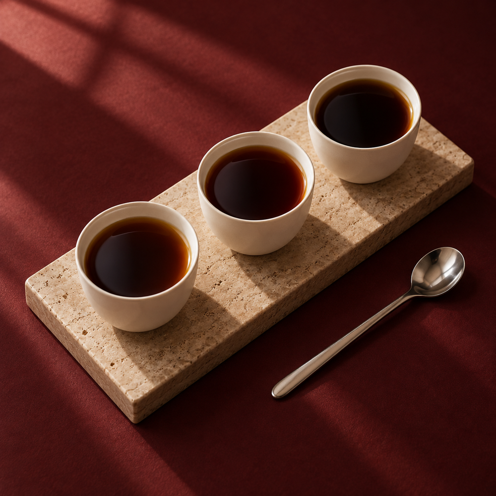 Three cups of brewed coffee arranged for a tasting.