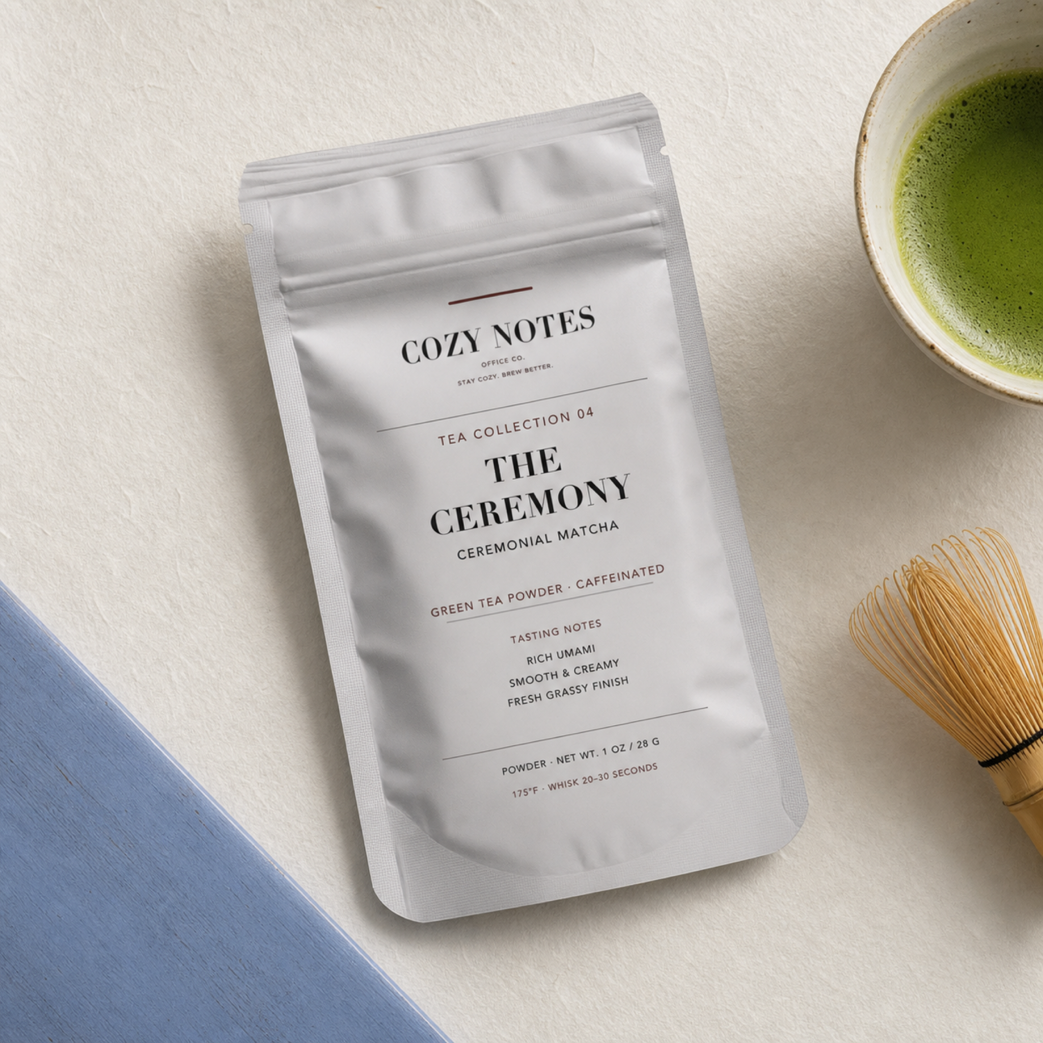 Overhead view of Cozy Notes The Ceremony ceremonial matcha pouch with cobalt accent