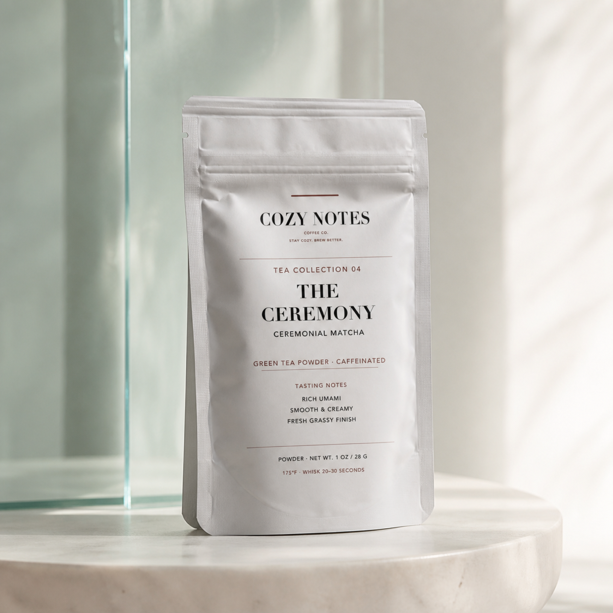 Cozy Notes The Ceremony ceremonial matcha pouch in a luminous jade editorial setting