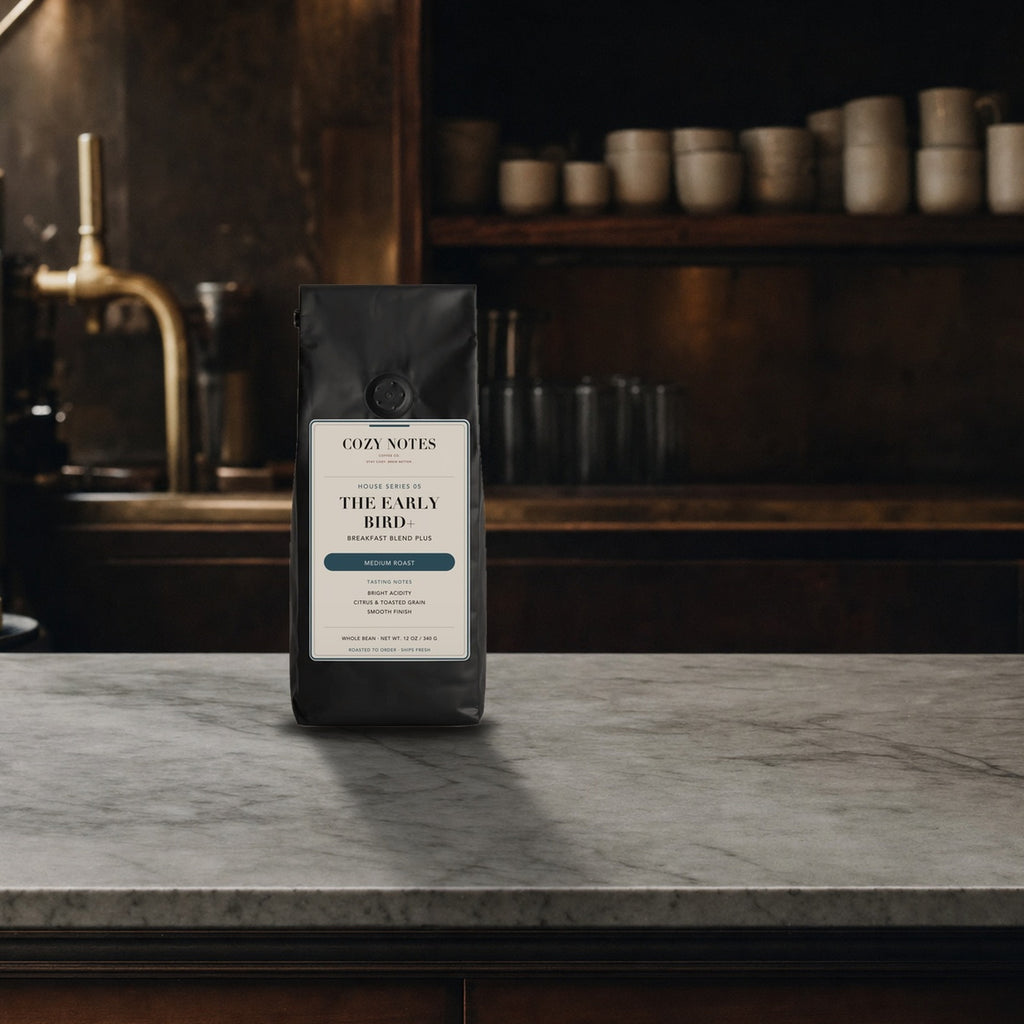 The Early Bird+ — Breakfast Blend Plus Medium Roast Coffee — 12 oz Cozy Notes bag on a kitchen counter, roasted to order