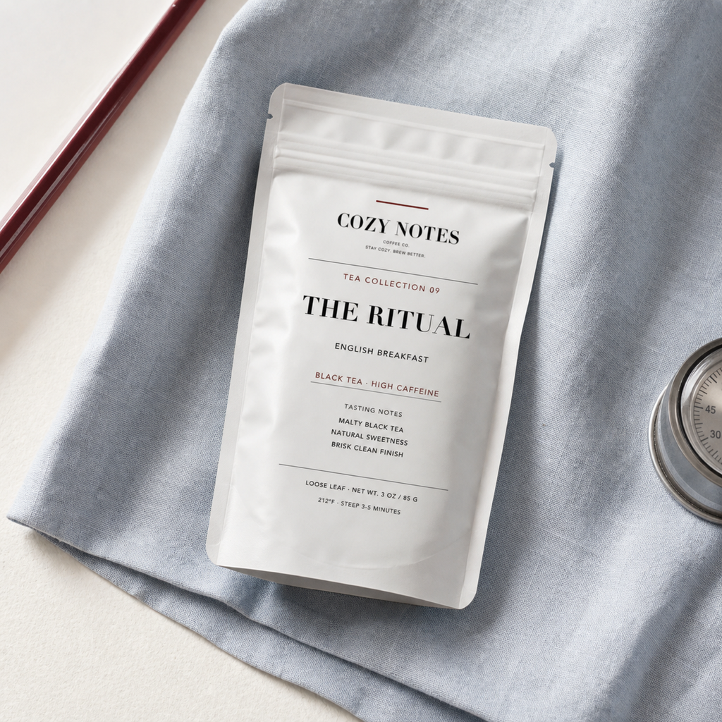 Overhead view of Cozy Notes The Ritual English breakfast tea pouch on powder blue linen