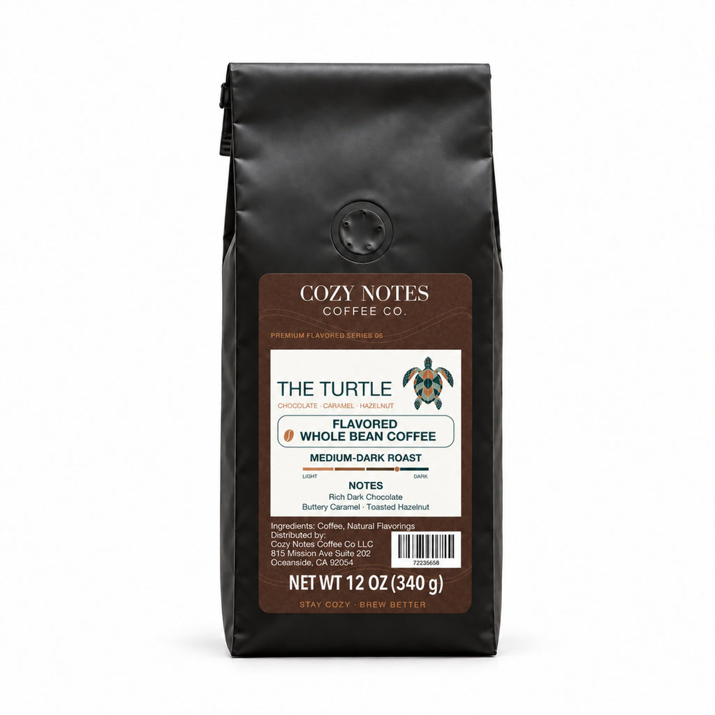 Cozy Notes Coffee THE TURTLE, flavored whole bean coffee, 12oz, medium-dark roast — front product view on white