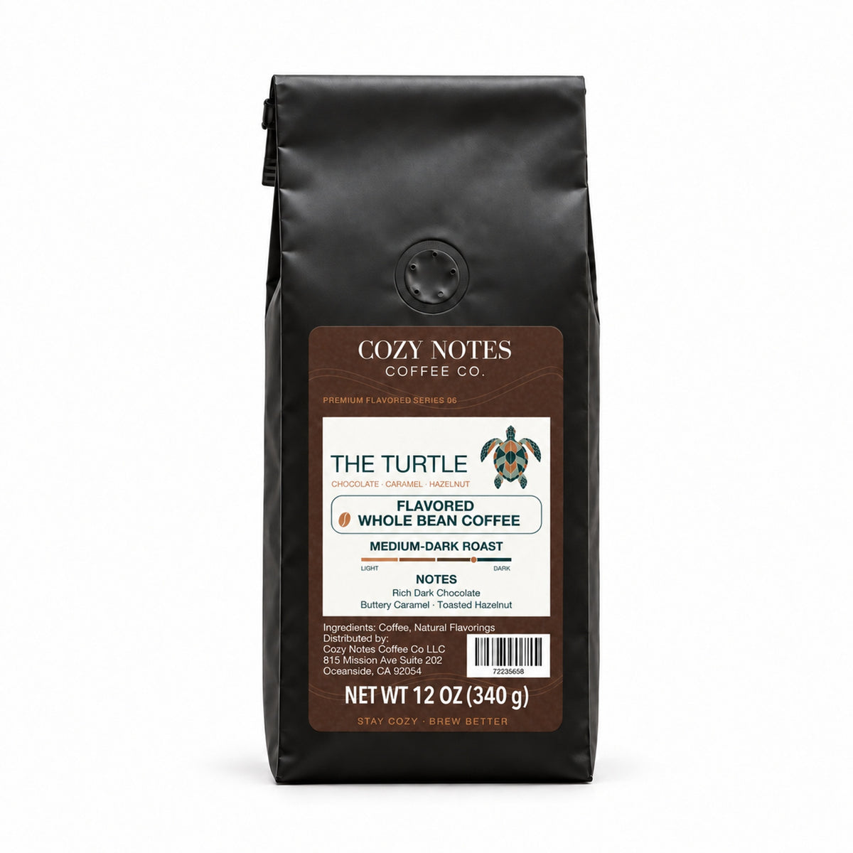 Cozy Notes Coffee THE TURTLE, flavored whole bean coffee, 12oz, medium-dark roast — front product view on white