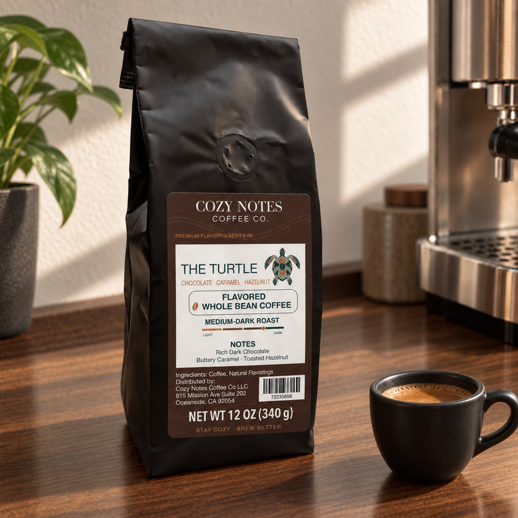 Cozy Notes Coffee THE TURTLE, flavored whole bean coffee, 12oz, medium-dark roast — coffee setting