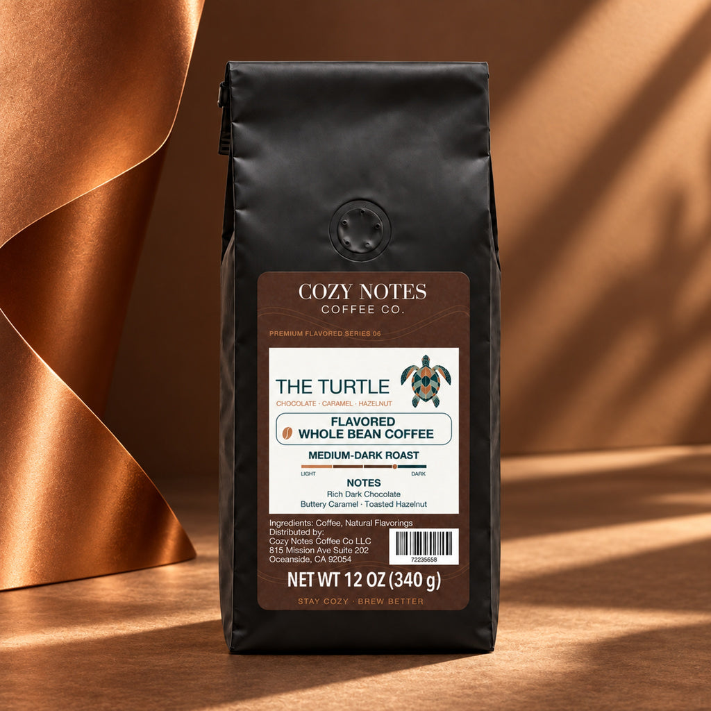 Cozy Notes Coffee THE TURTLE, flavored whole bean coffee, 12oz, medium-dark roast — editorial product photograph
