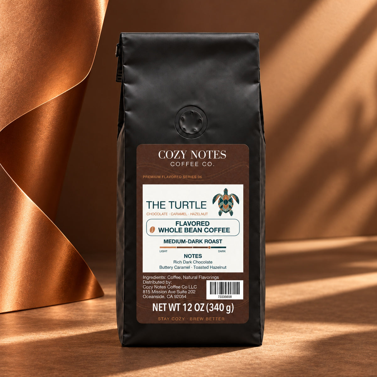 Cozy Notes Coffee THE TURTLE, flavored whole bean coffee, 12oz, medium-dark roast — editorial product photograph