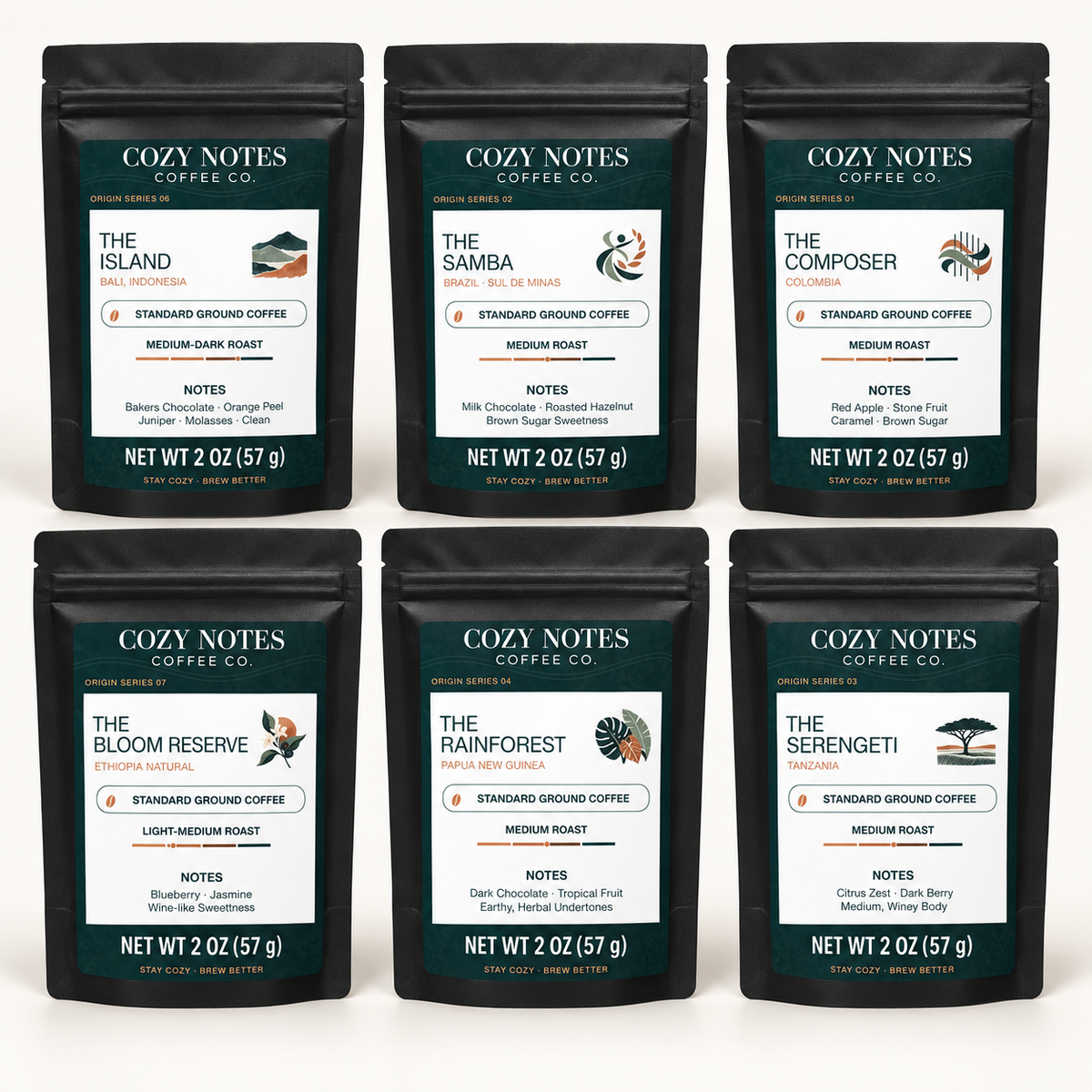 The World Tour sampler with six individually labeled 2 oz Cozy Notes coffee pouches.