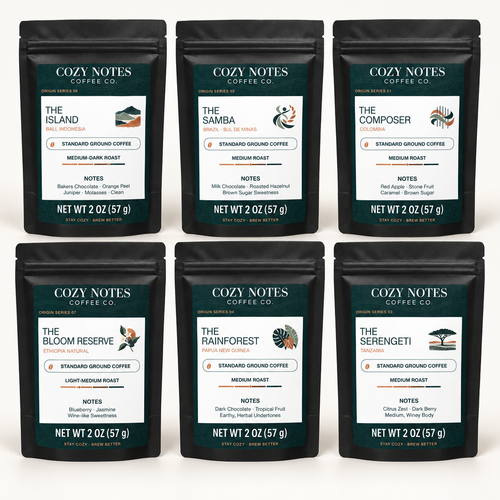 The World Tour sampler with six individually labeled 2 oz Cozy Notes coffee pouches.