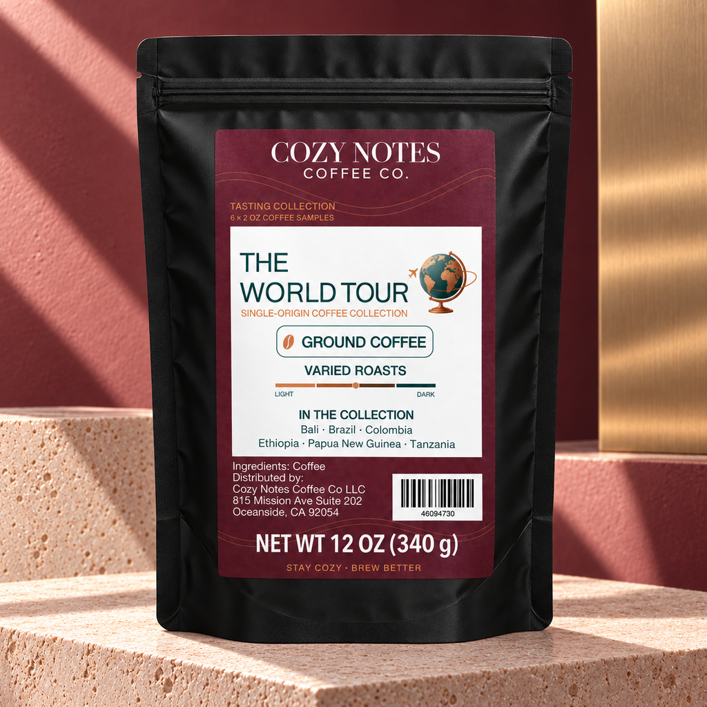 The World Tour outer sampler pouch with its new burgundy label, styled on limestone with burgundy and copper.