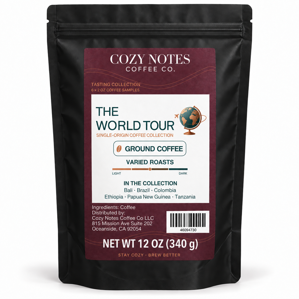 The World Tour large resealable outer pouch containing six 2 oz single-origin coffee samples, total 12 oz.