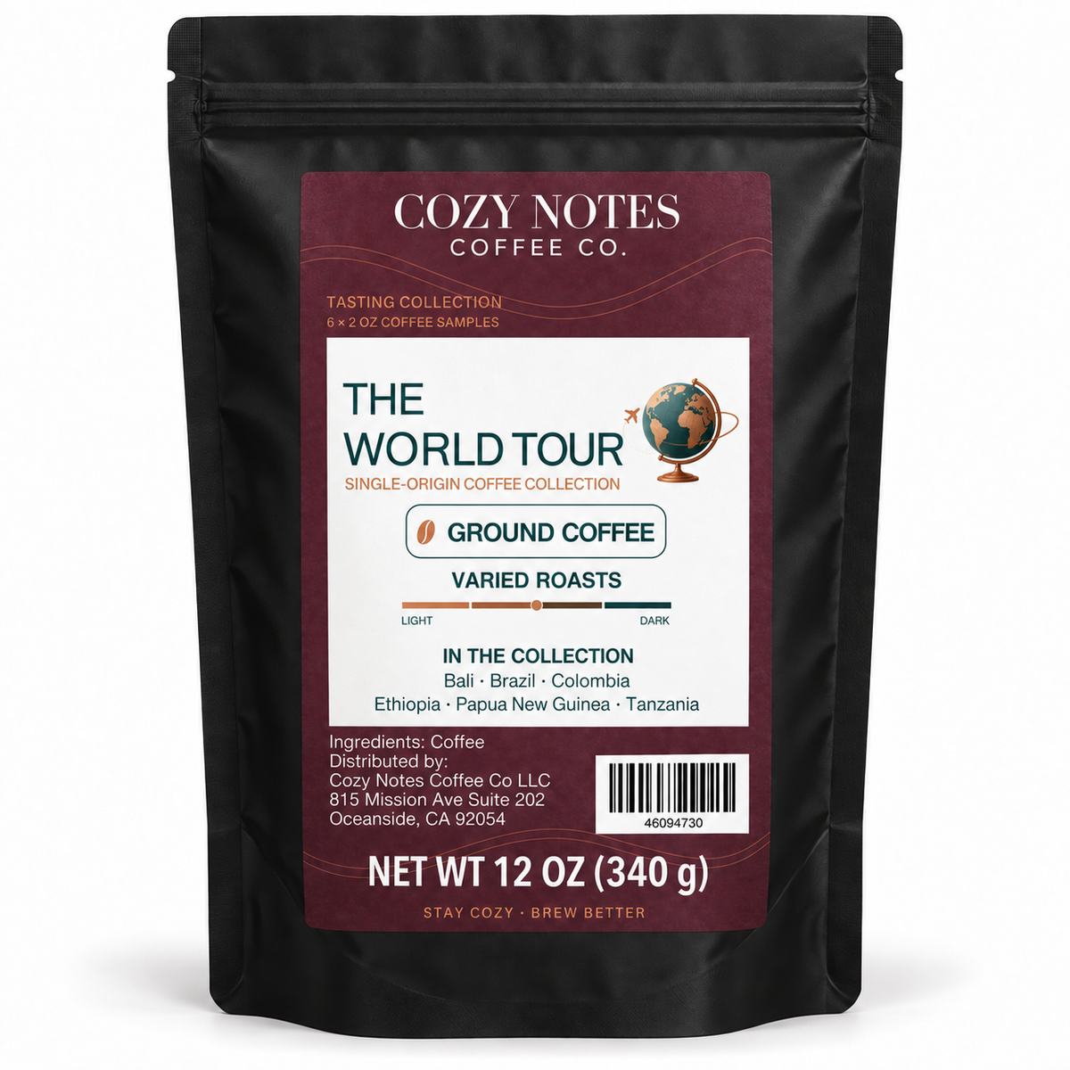 The World Tour large resealable outer pouch containing six 2 oz single-origin coffee samples, total 12 oz.