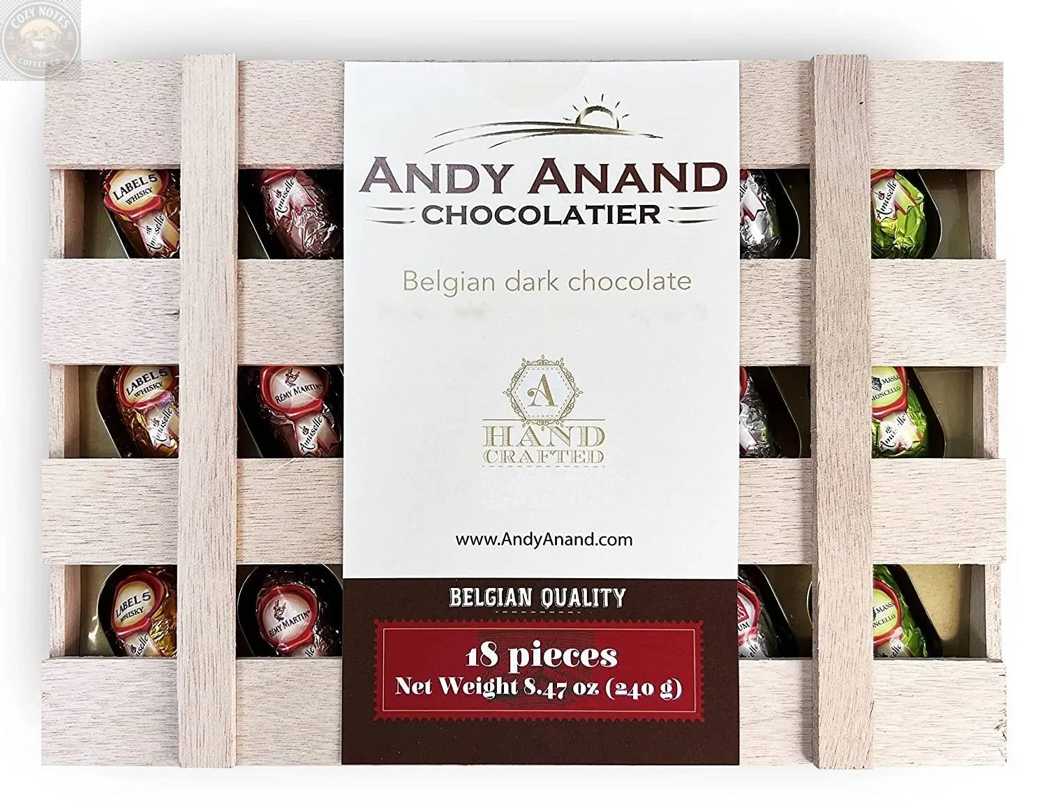Andy Anand European Vegan Dark Chocolate Cocktail Bottles, 18 pc – Non-Alcoholic, Wooden Gift Box, 60% Cacao, Birthday & Holiday Gift Andyanand