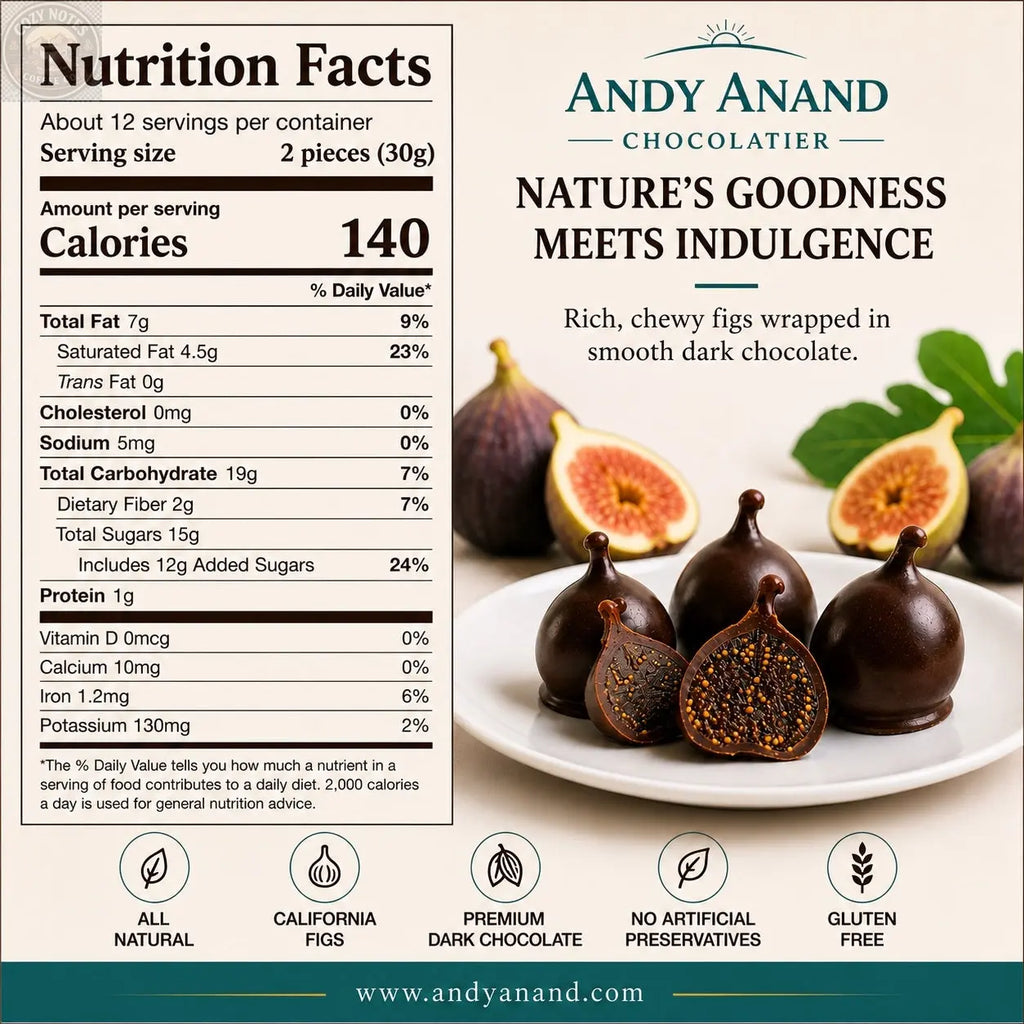 Andy Anand Vegan Belgian Dark Chocolate Figs - 24 Pc Gift Box, Premium 60% Cocoa Butter, Dairy-Free Gourmet Confection, Perfect for Birthday, Valentine’s &amp; Anniversary Gifts - Handcrafted in California Andyanand