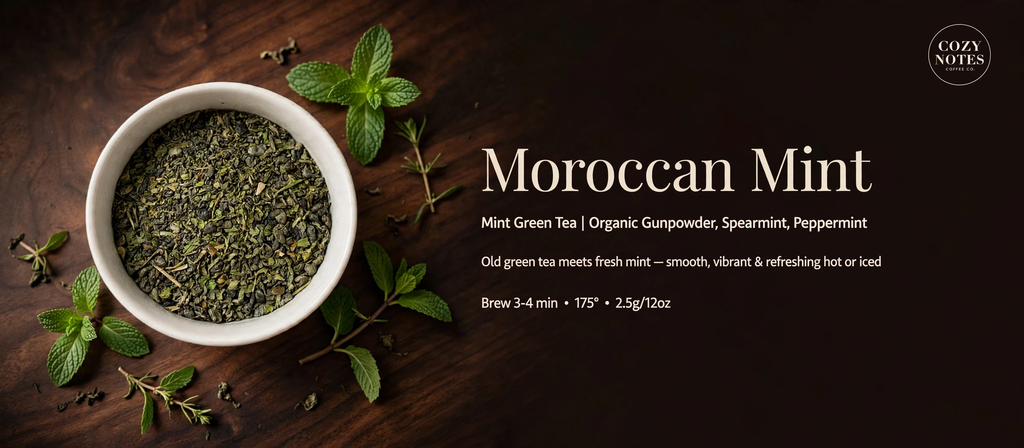 A styled product graphic for Moroccan Mint green tea. A white ceramic bowl filled with loose green tea leaves sits on a dark wooden surface, surrounded by fresh mint leaves.
