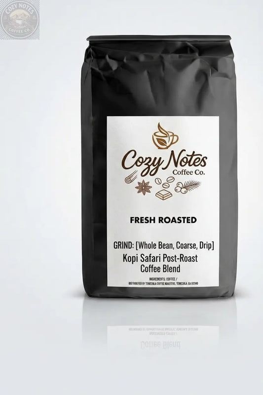 Kopi Safari Post-Roast Coffee Blend bag by Cozy Notes Coffee Co