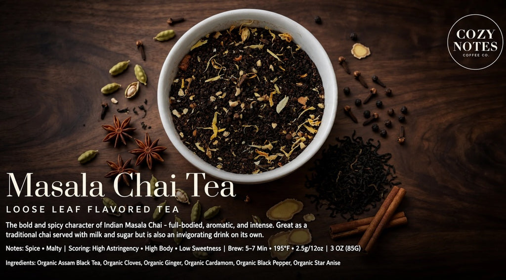 A white bowl filled with loose-leaf masala chai tea on a dark wooden surface, surrounded by whole spices and cinnamon sticks. Text on the left reads 'Masala Chai Tea' with flavor notes, and a 'Cozy Notes Coffee' logo appears in the top right.