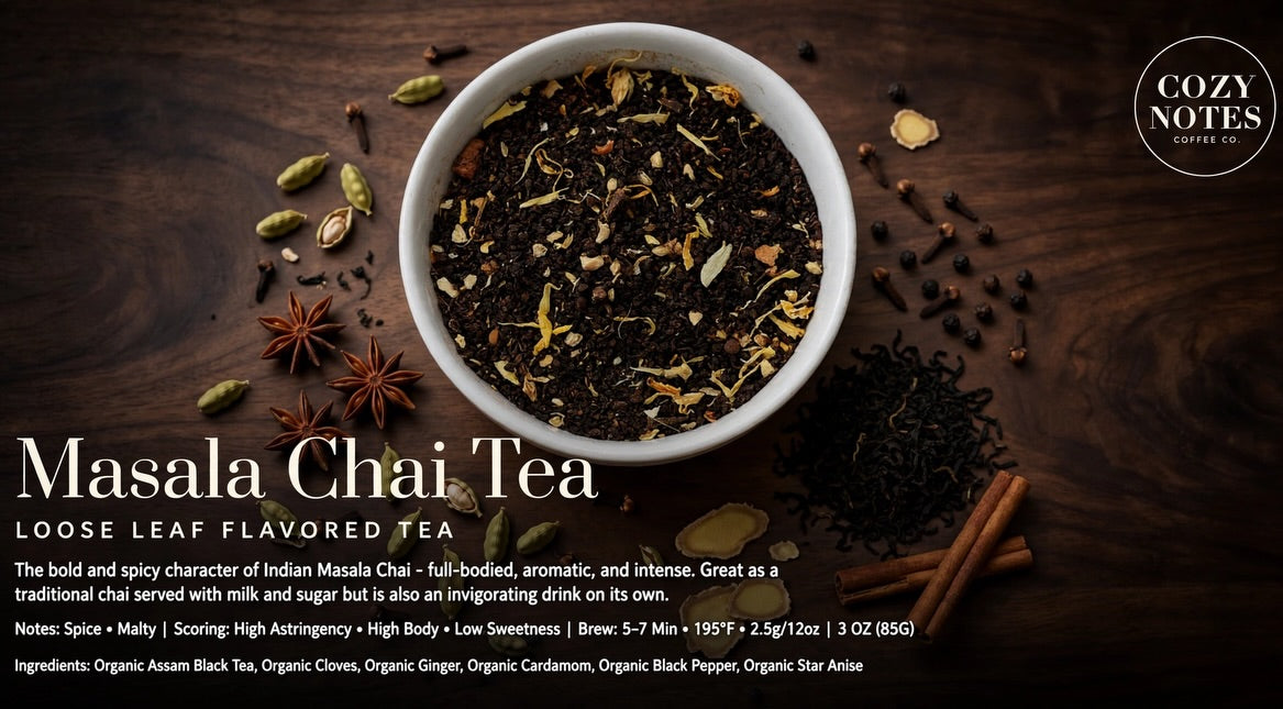 A white bowl filled with loose-leaf masala chai tea on a dark wooden surface, surrounded by whole spices and cinnamon sticks. Text on the left reads 'Masala Chai Tea' with flavor notes, and a 'Cozy Notes Coffee' logo appears in the top right.