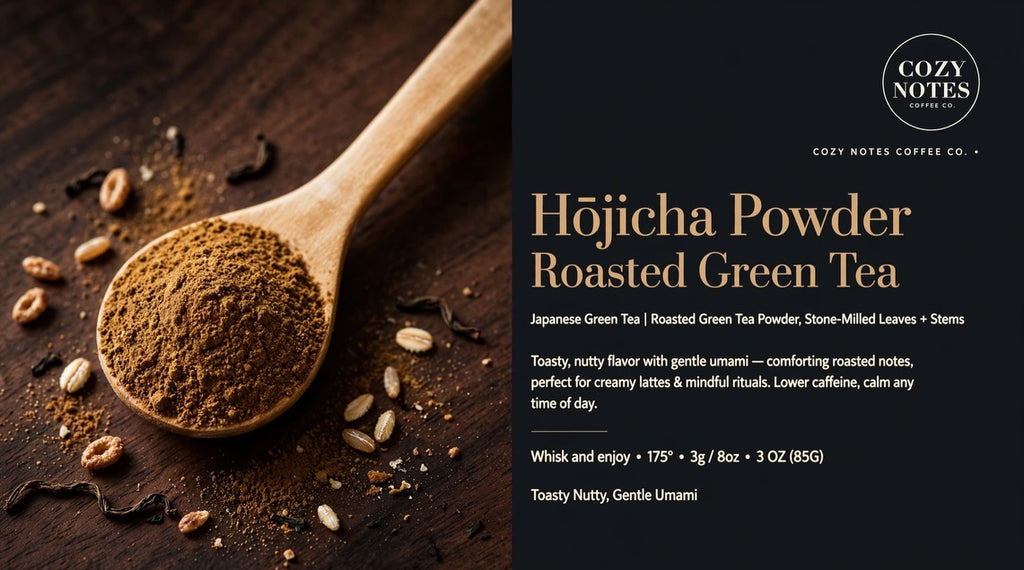 A promotional product graphic for Cozy Notes Coffee Co. Hojicha Powder Roasted Green Tea.