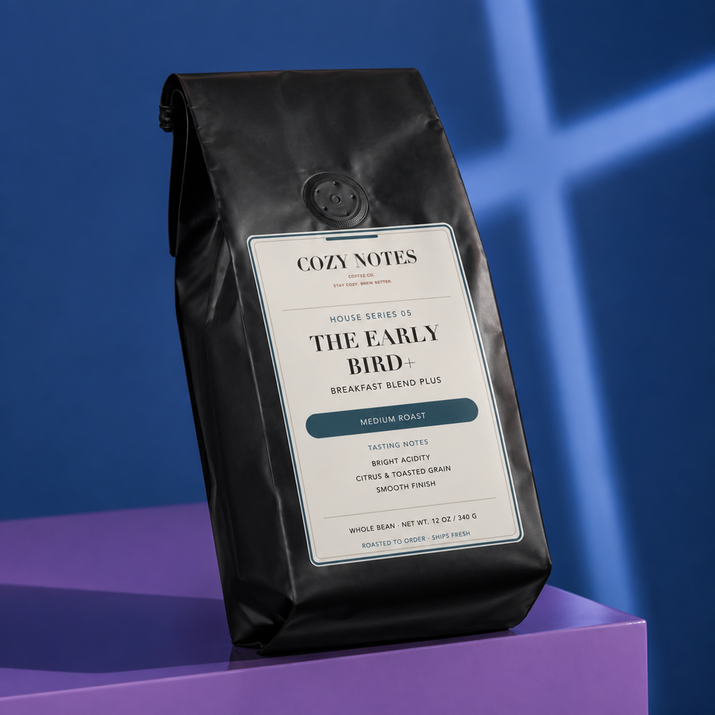 A black coffee bag labeled Cozy Notes The Early Bird Breakfast Blend Plus, standing on a purple platform against a blue background with a glowing cross shape.