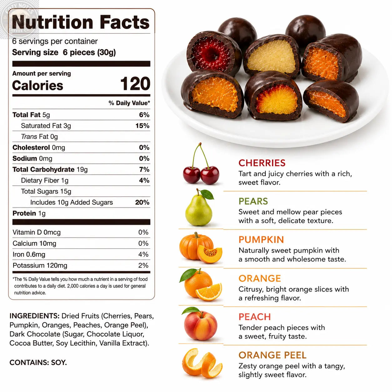 ANDY ANAND Chocolate Covered Fruits Collection Gift Box, 20 Pieces – Cherry, Pear, Pumpkin, Orange, Peach &amp; Orange Peel Covered in Premium Dark Chocolate, Gourmet Fruit Candy Assortment, California Made, Gift Ready Andyanand
