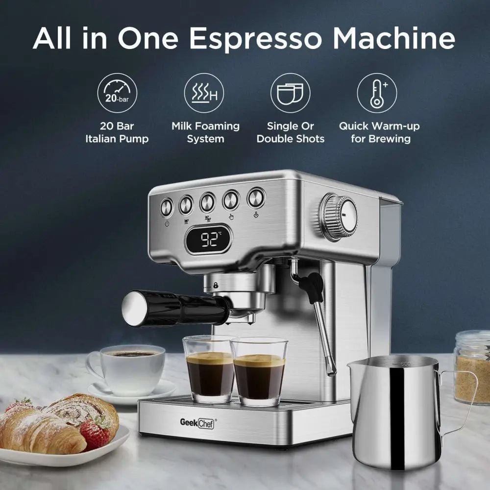 Stainless Steel 20 Bar Espresso Machine with Milk Frother - Cozy Notes Coffee Co