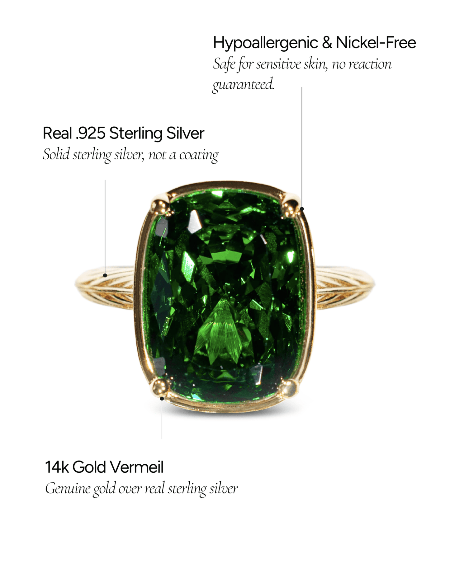 Sterling Silver Elongated Cushion Emerald CZ Cocktail Ring - Cozy Notes Coffee Co