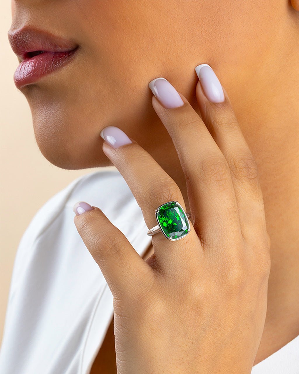 Sterling Silver Elongated Cushion Emerald CZ Cocktail Ring - Cozy Notes Coffee Co