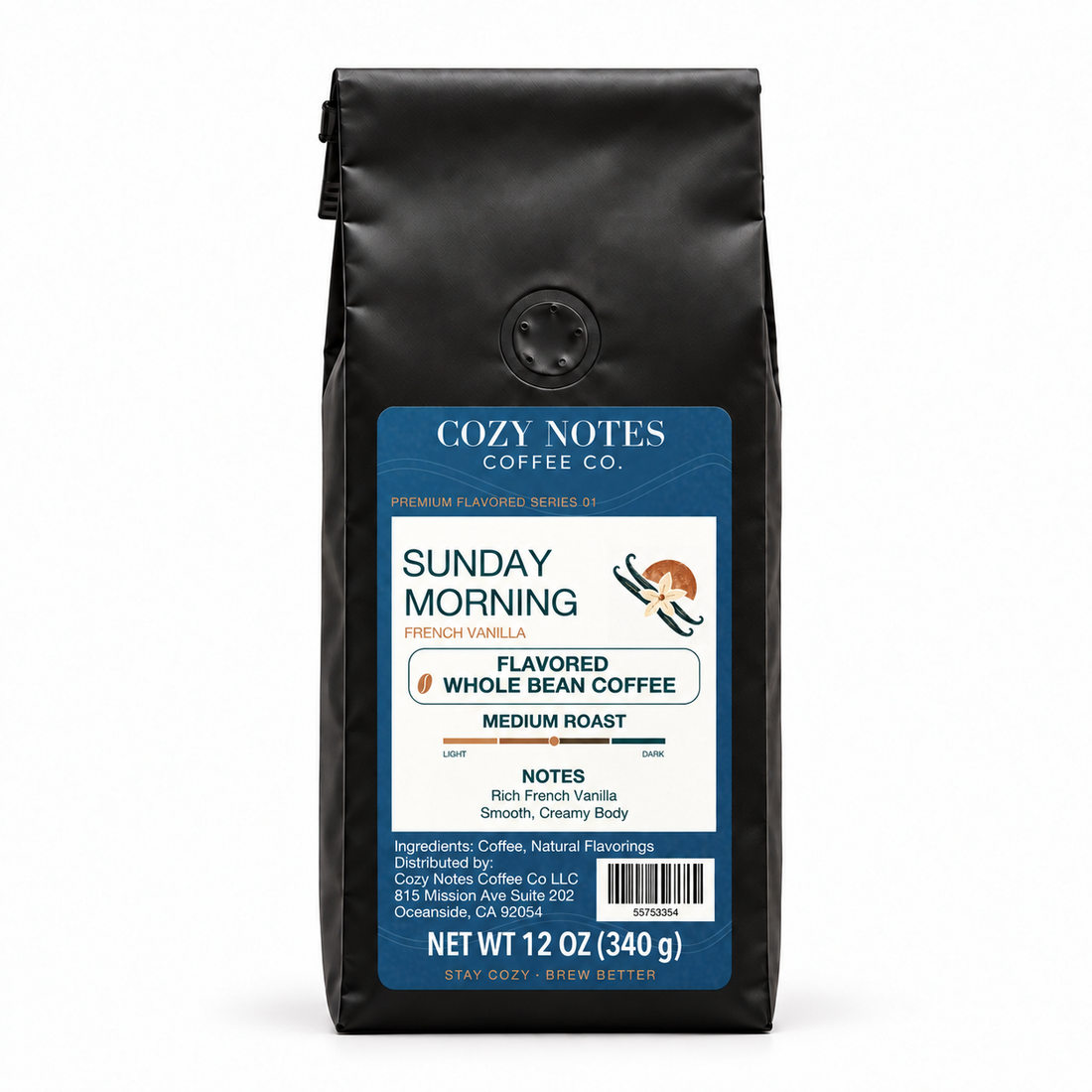 Sunday Morning — corrected current packaging, whole bean coffee, 12 oz.