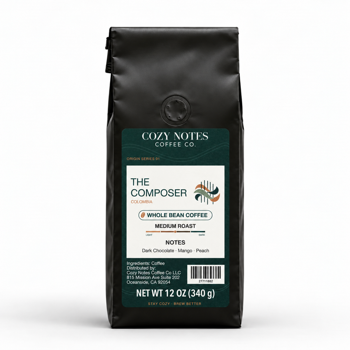 The Composer — corrected current packaging, whole bean coffee, 12 oz.