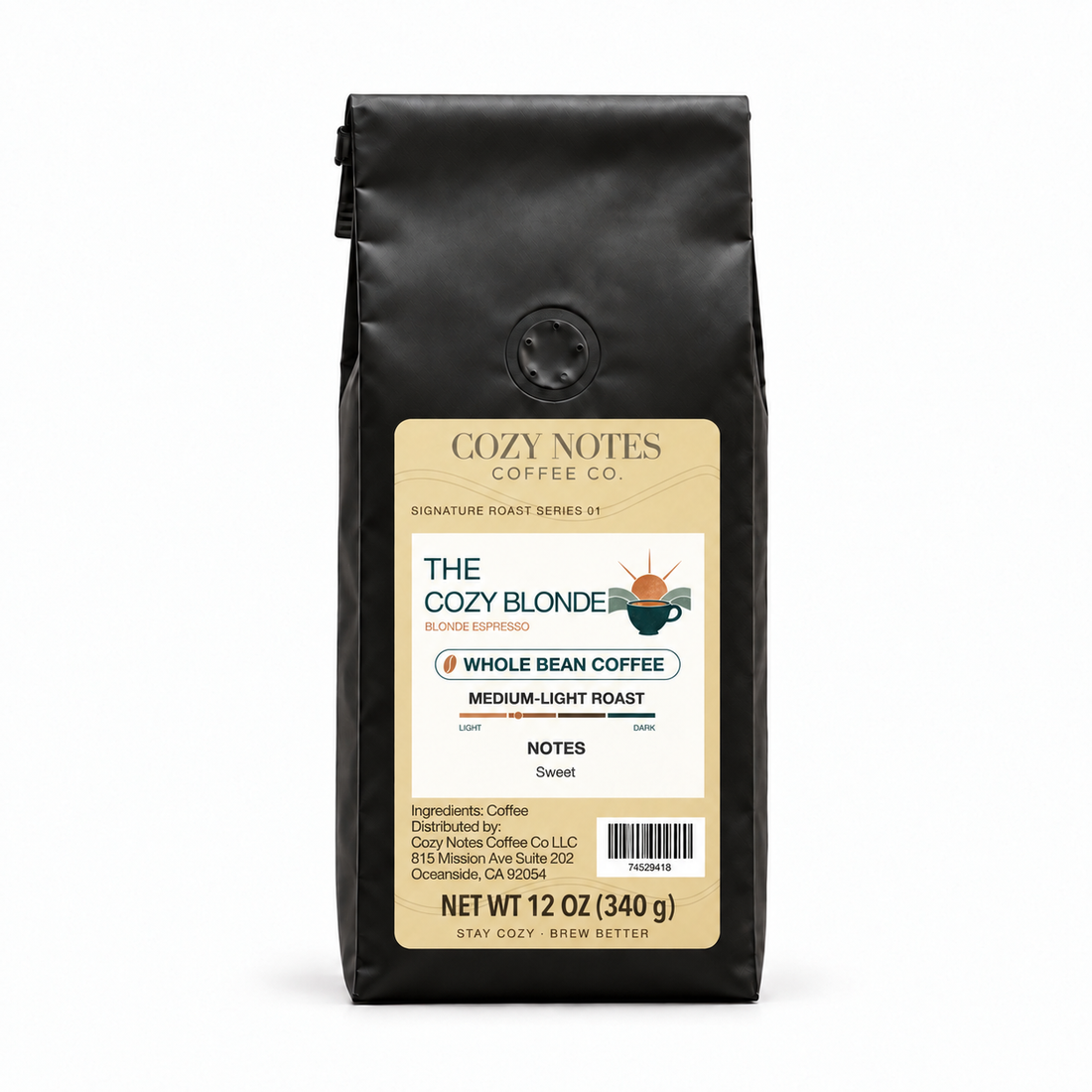 The Cozy Blonde — corrected label, whole bean coffee, 12 oz.