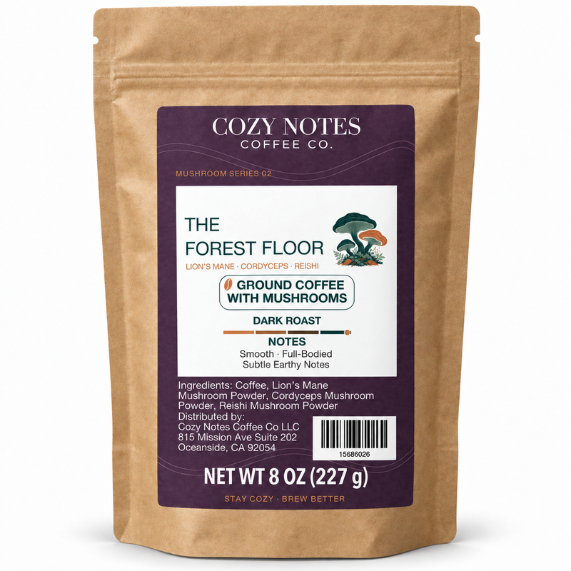The Forest Floor — corrected current packaging, ground coffee with mushrooms, 8 oz.
