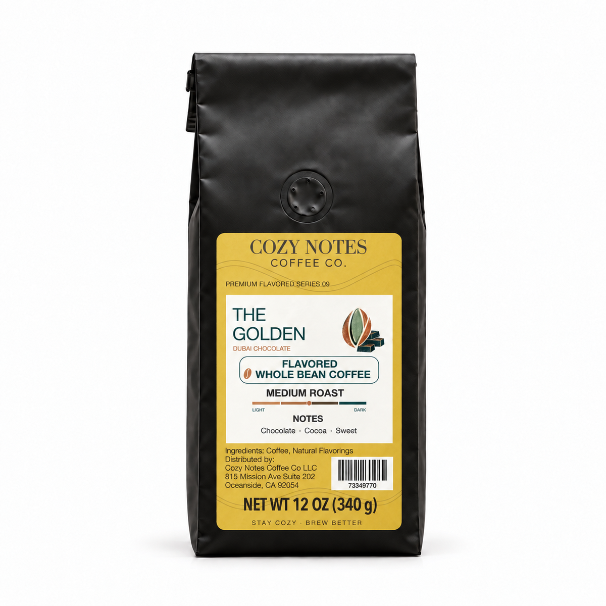 The Golden — medium roast flavored whole bean coffee, 12 oz, with the corrected gold label.