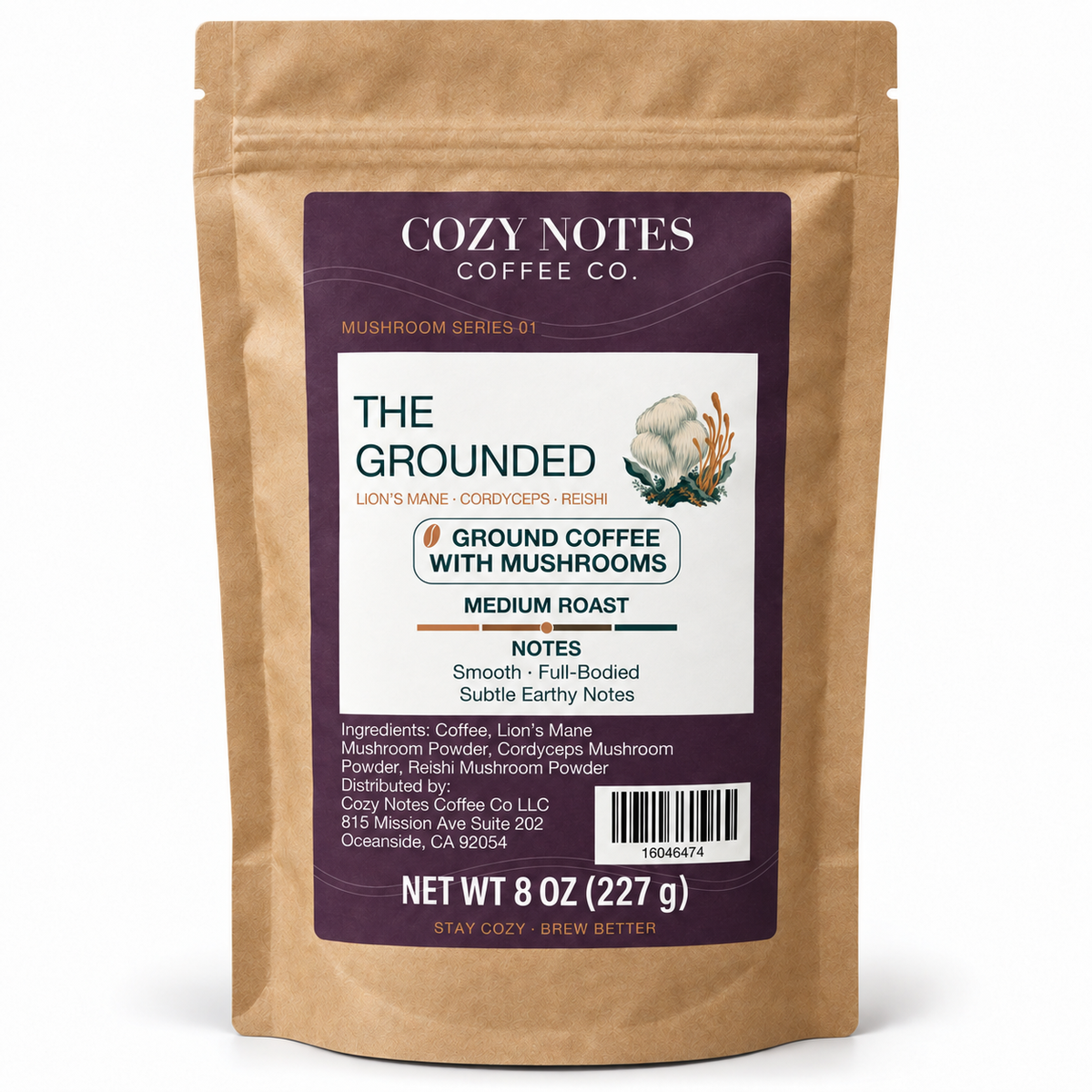 The Grounded — corrected current packaging, ground coffee with mushrooms, 8 oz.