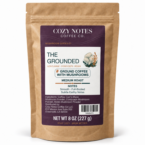 The Grounded — corrected current packaging, ground coffee with mushrooms, 8 oz.
