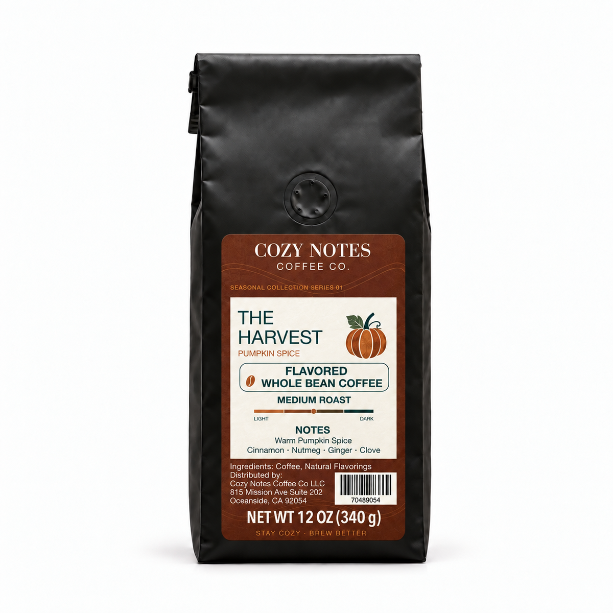 The Harvest pumpkin spice naturally flavored medium roast coffee, 12 oz bag on a white background.