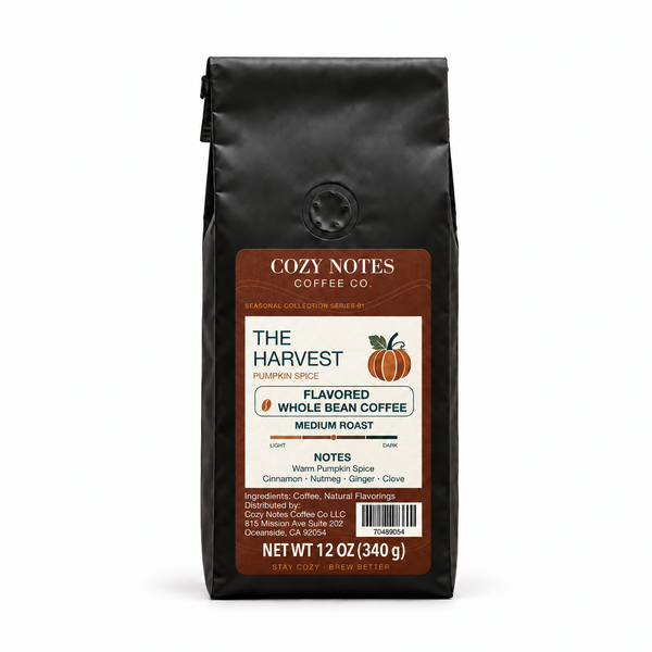 The Harvest pumpkin spice naturally flavored medium roast coffee, 12 oz bag on a white background.