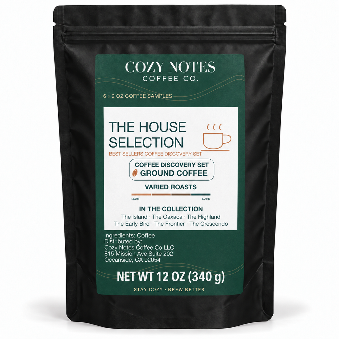 The House Selection — best sellers coffee discovery set, six 2 oz samples in a black pouch with a deep green label