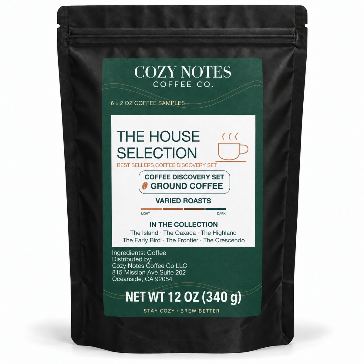 The House Selection — best sellers coffee discovery set, six 2 oz samples in a black pouch with a deep green label