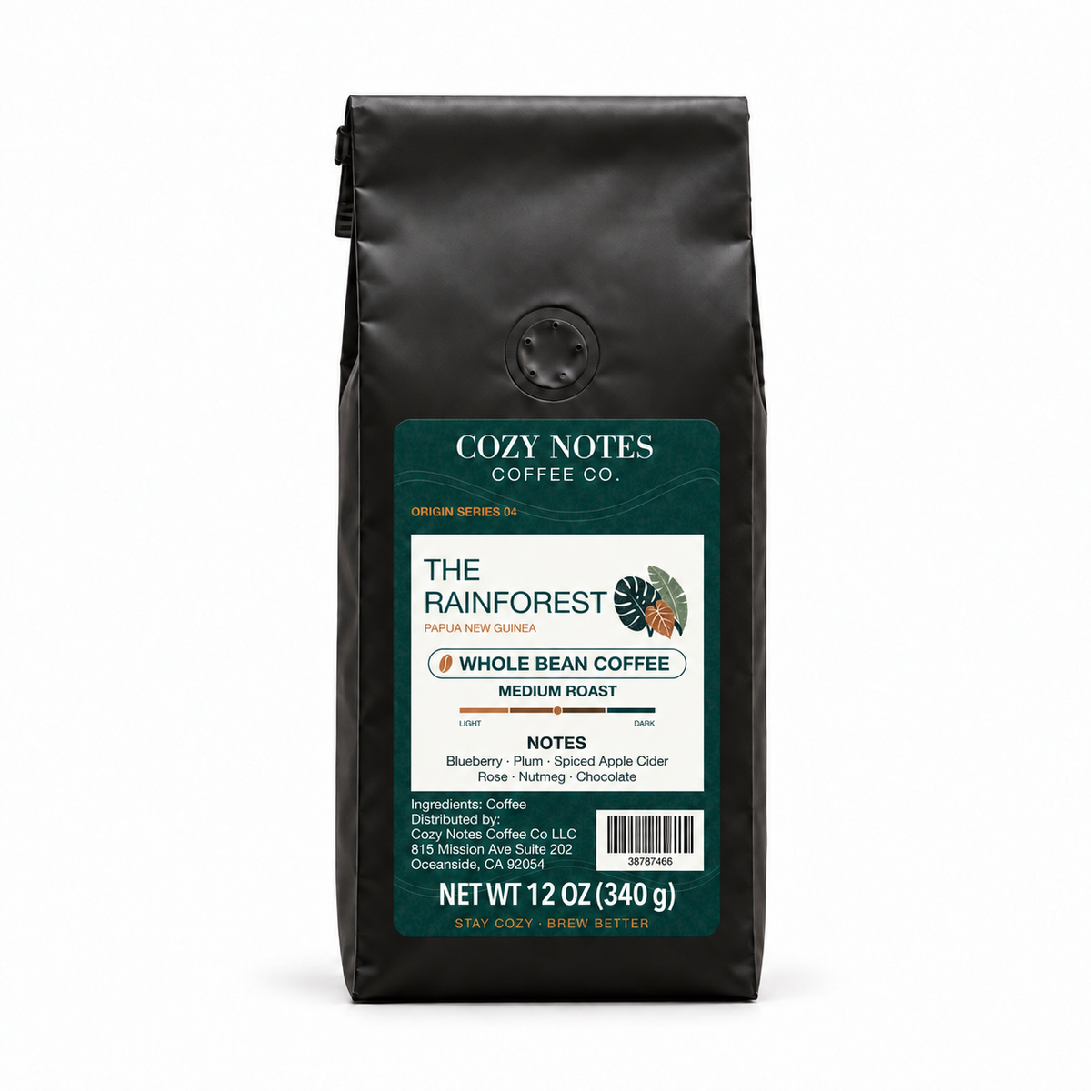 The Rainforest — current corrected packaging, medium roast, 12 oz.