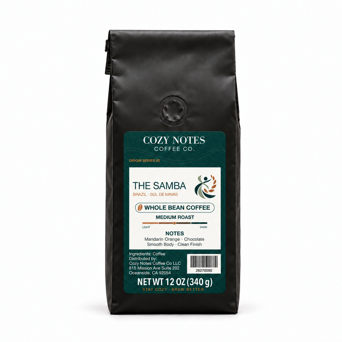 The Samba — corrected current packaging, whole bean coffee, 12 oz.