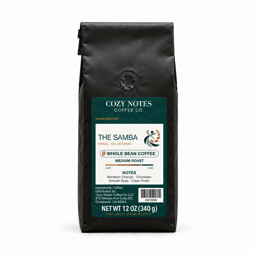 The Samba — corrected current packaging, whole bean coffee, 12 oz.