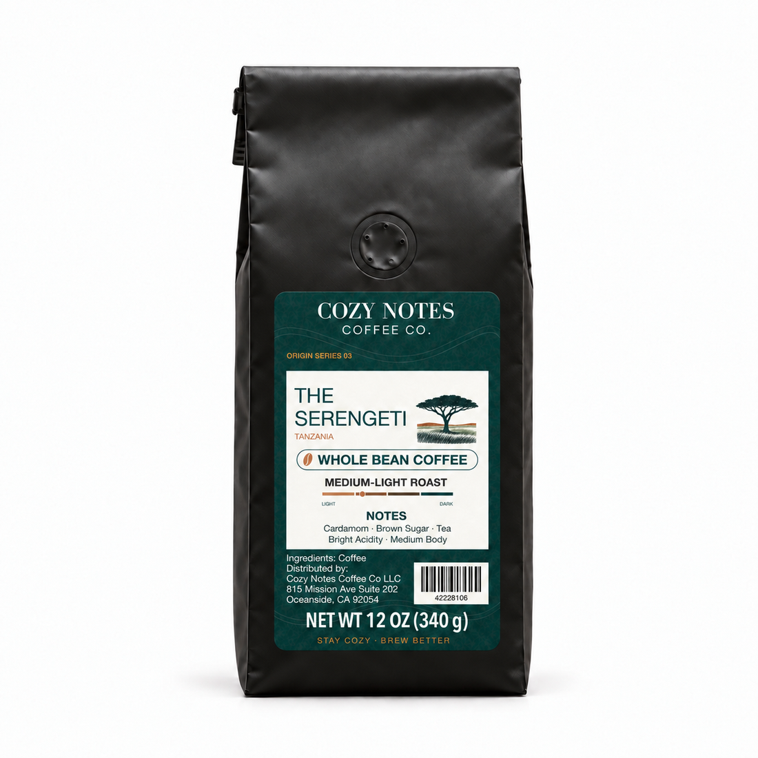 The Serengeti — corrected current packaging, whole bean coffee, 12 oz.