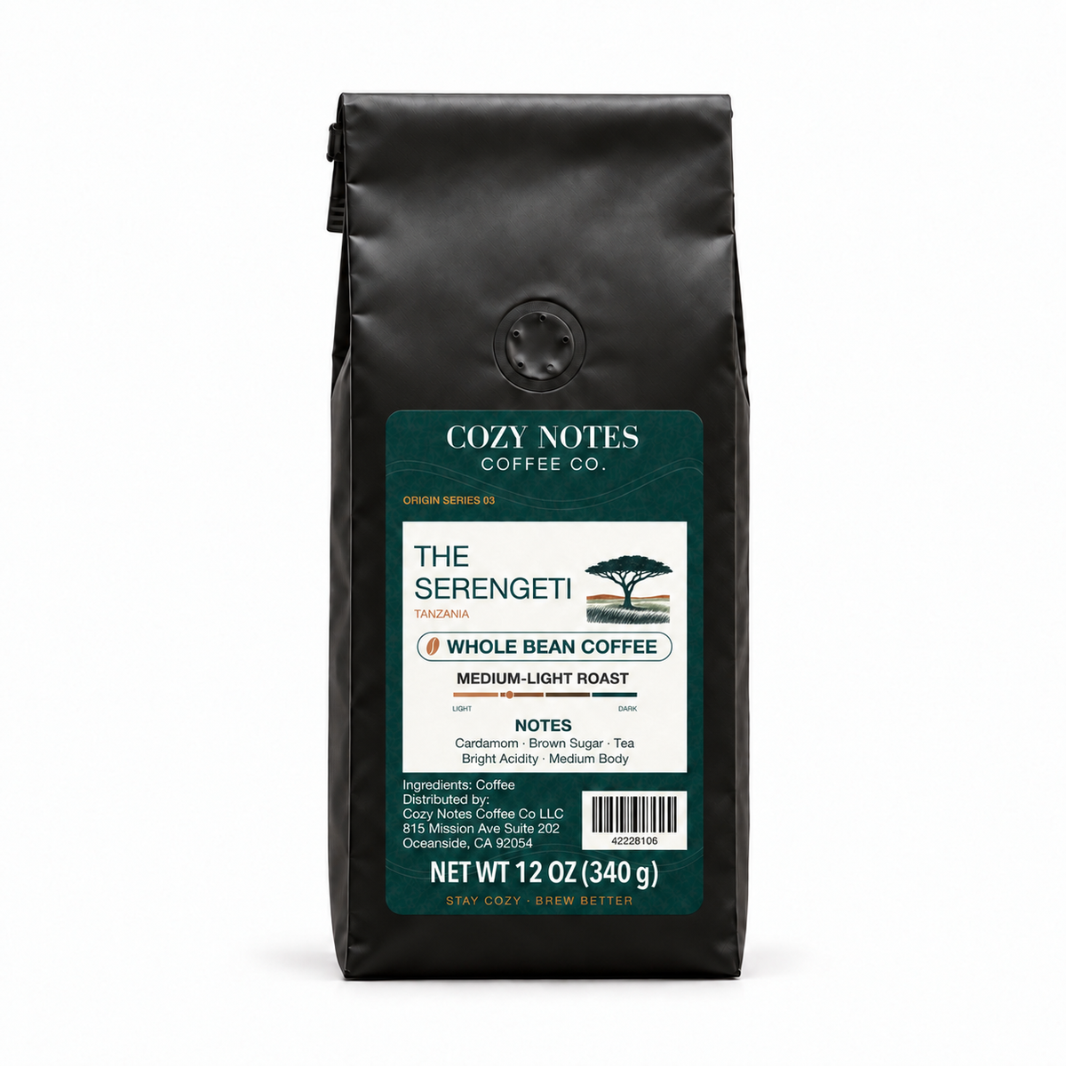 The Serengeti — corrected current packaging, whole bean coffee, 12 oz.