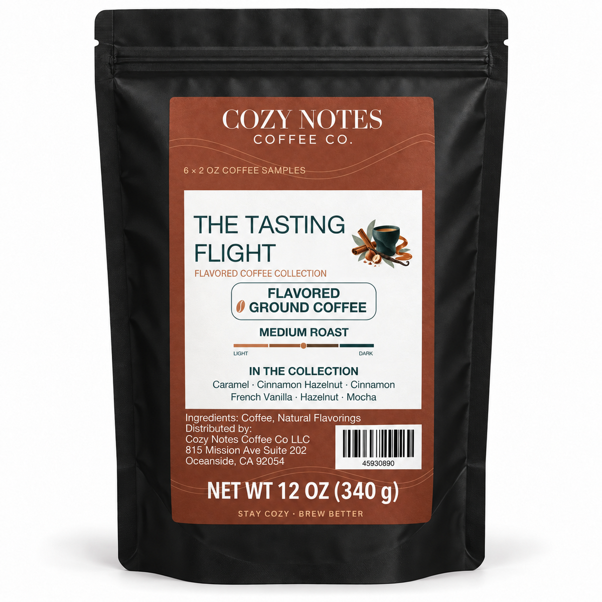 A black stand-up pouch of Cozy Notes Coffee Co. 'The Tasting Flight' flavored coffee collection, featuring a brown and white label on a plain white background.