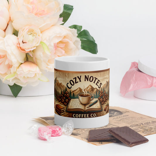 White Cozy Coffee Glossy Mug - Cozy Notes Coffee Co