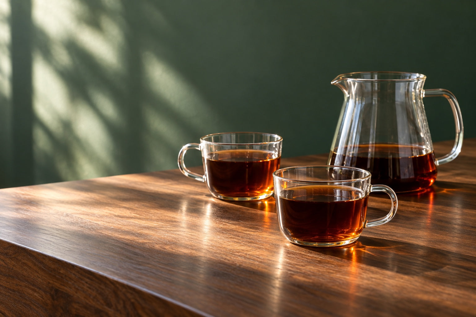 Coffee served in clear cups beside a glass carafe.