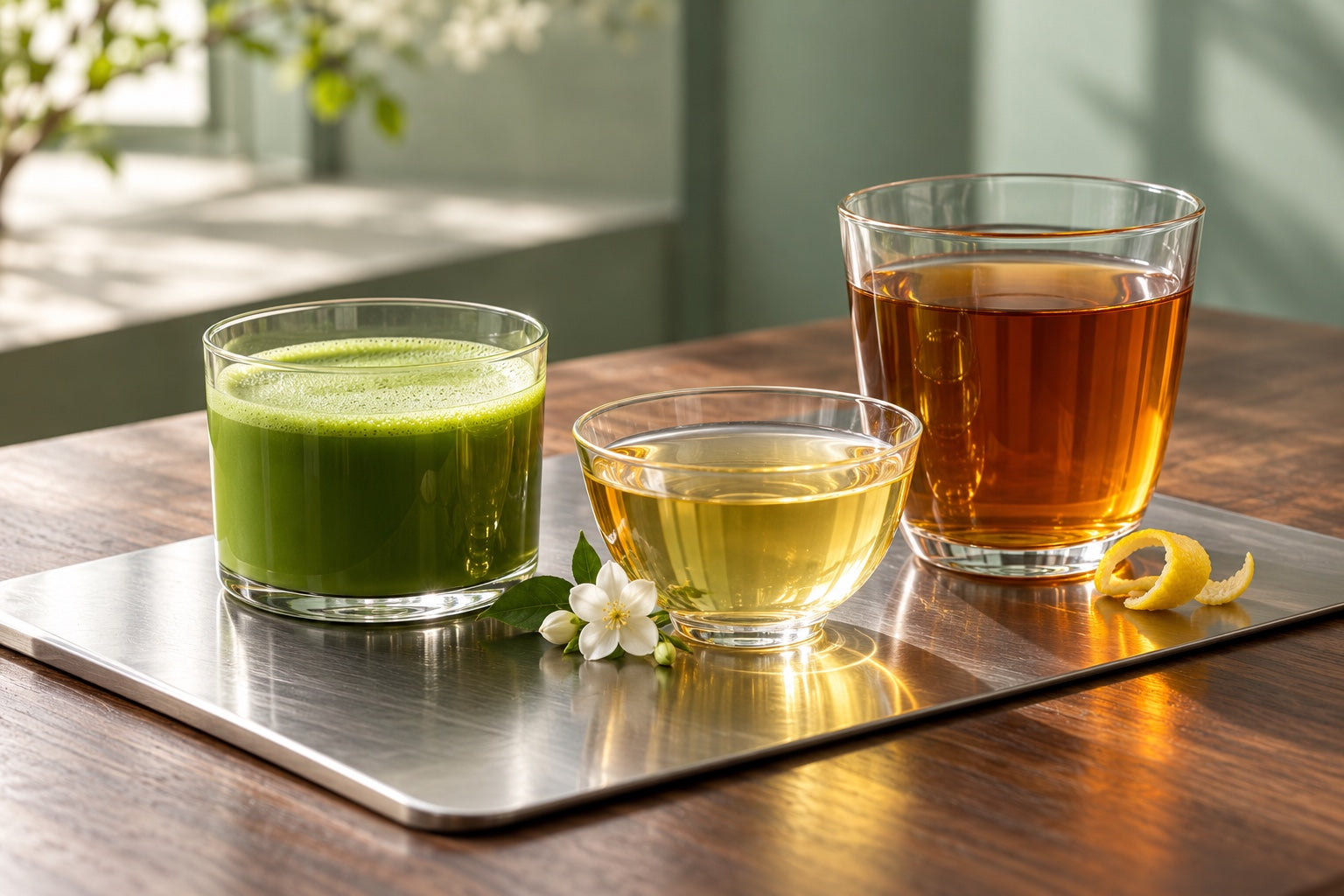 Matcha, jasmine tea and Earl Grey in clear glasses.
